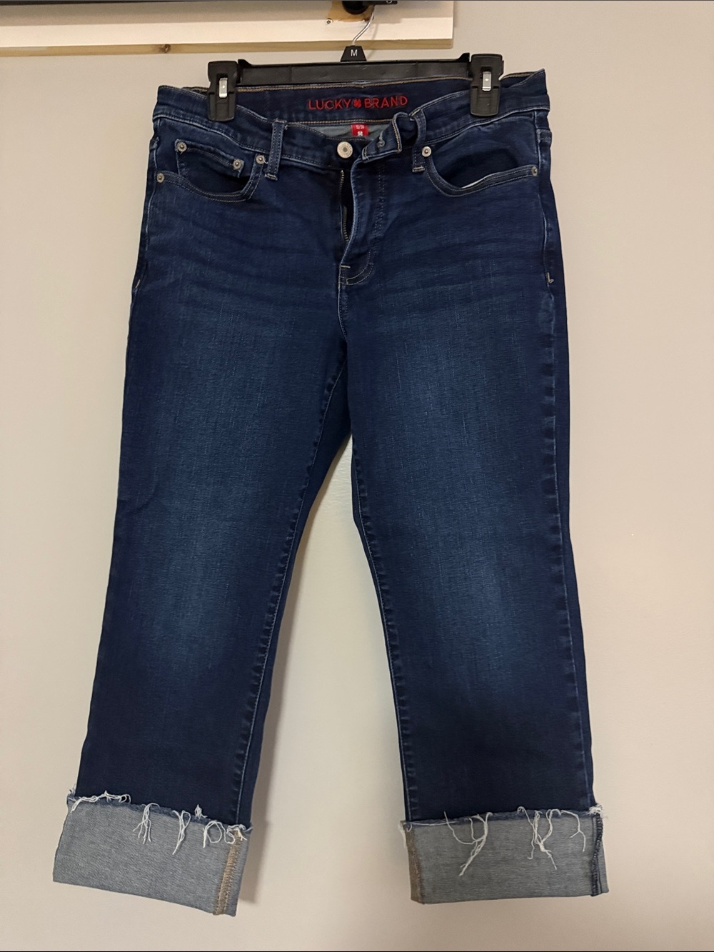 Lucky Brand Dark Indigo Cropped Frayed Hem Jeans